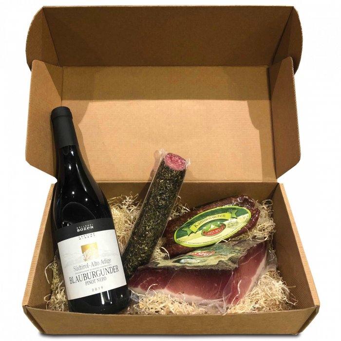 Geschenkspackung Nr. 6 (Kartonschachtel Südtiroler Speck Konsortiom KLEIN)