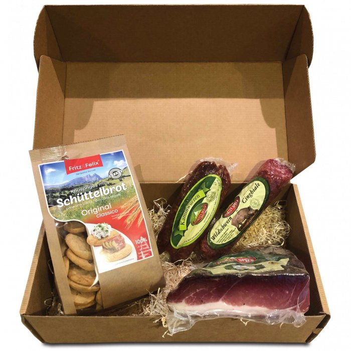 Geschenkspackung Nr. 7 (Kartonschachtel Südtiroler Speck Konsortiom KLEIN)